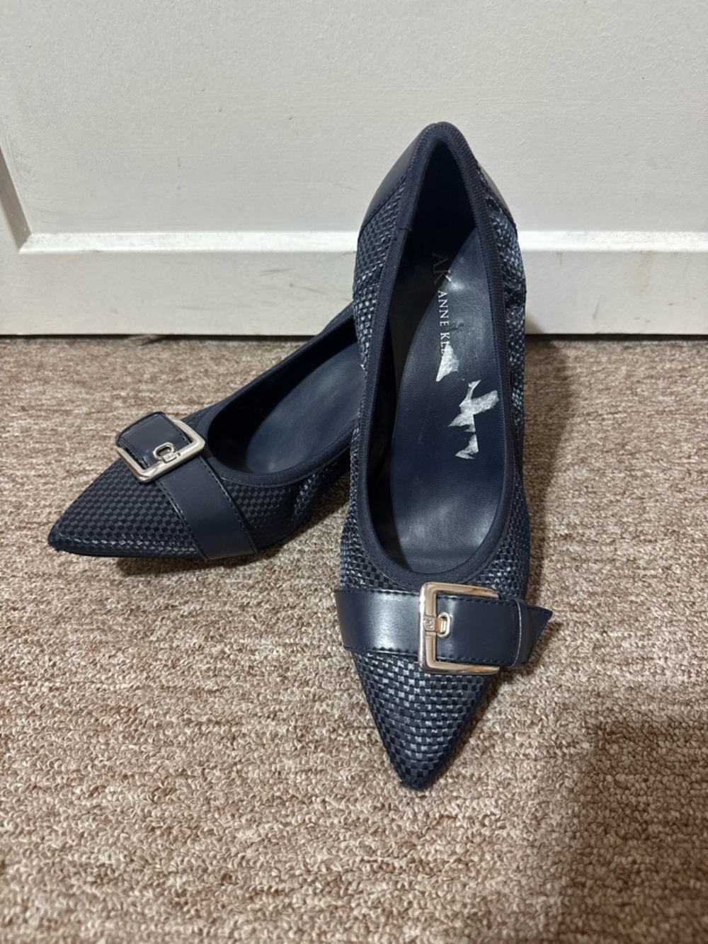 Anne Klein Navy Pointed-Toe Buckle Heels